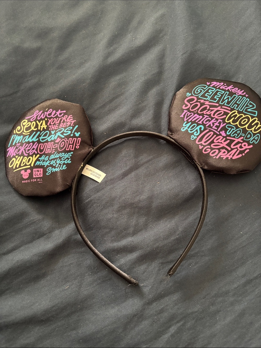 Uniqlo Black Mickey Ear Headband with Multicolor Neon Script
